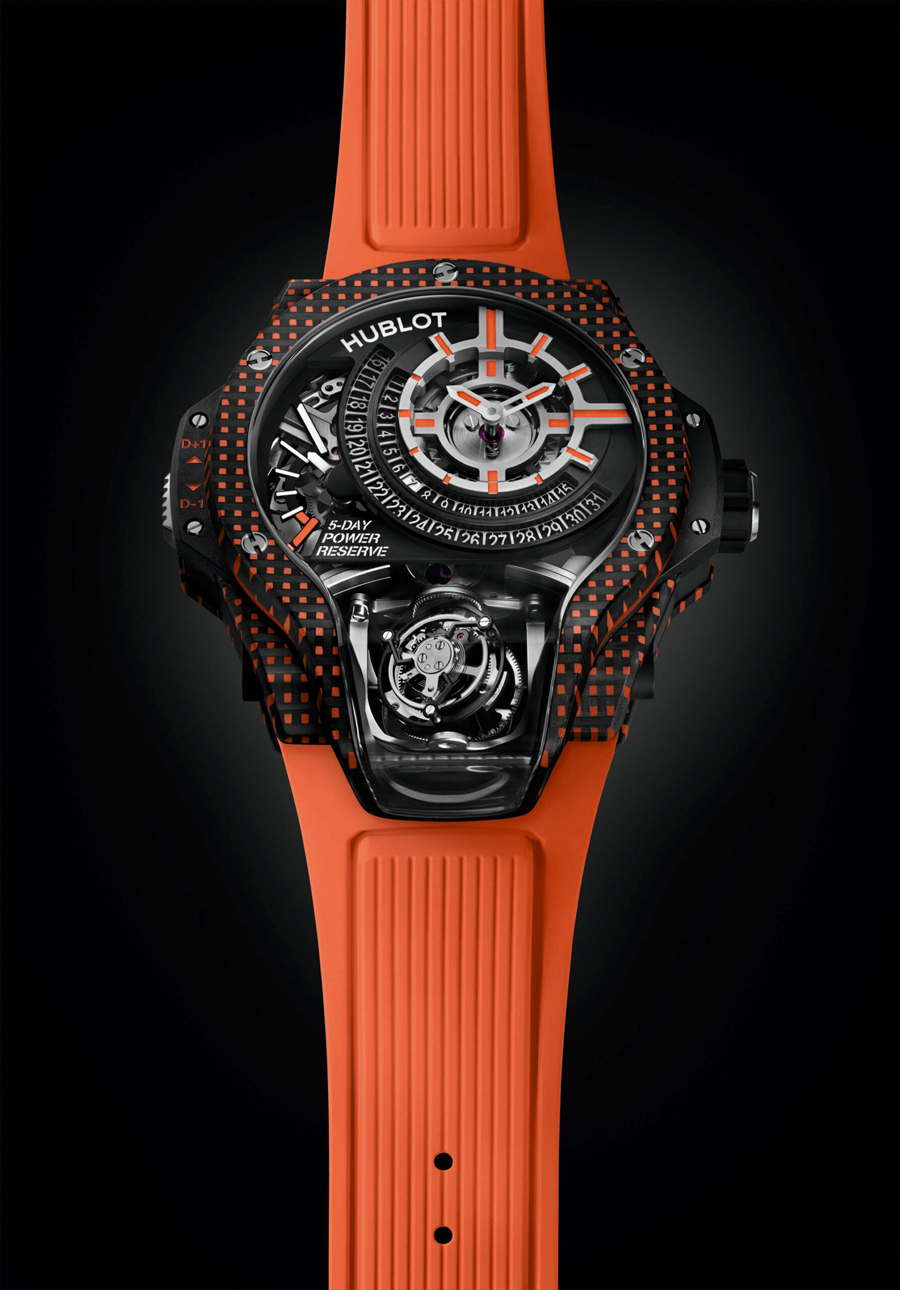 Jam Tangan Hublot MP-09 Tourbillon Bi-Axis Warna Karbon 3D Putih, Oranye, dan Ungu
