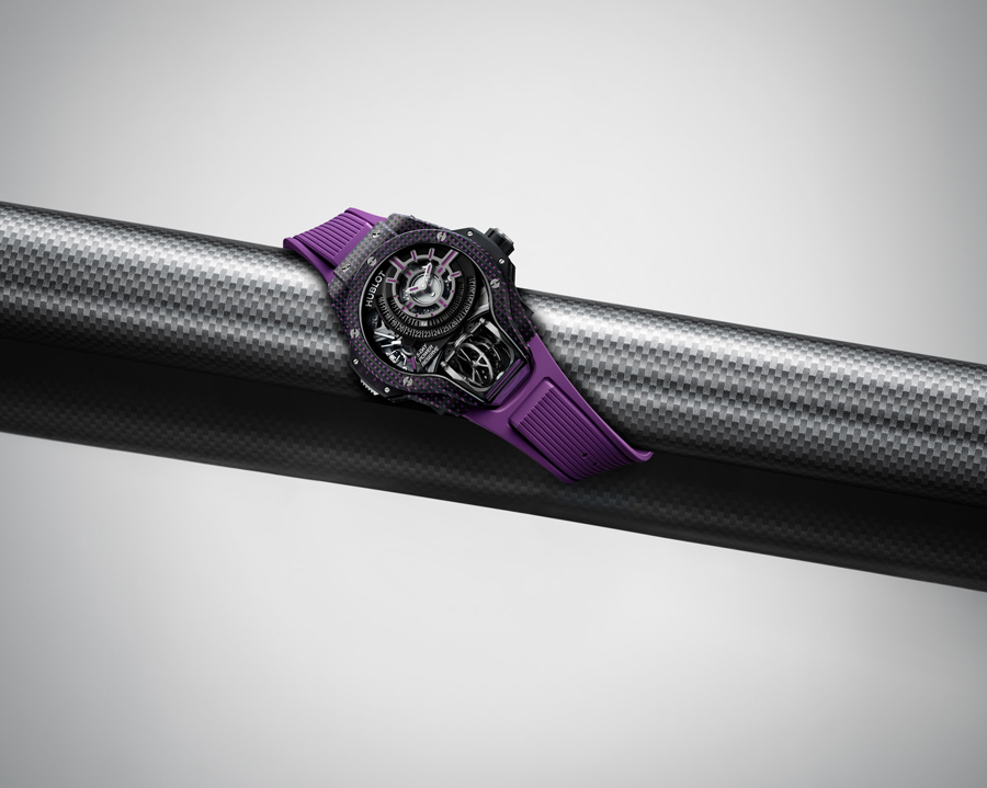 Jam Tangan Hublot MP-09 Tourbillon Bi-Axis Warna Karbon 3D Putih, Oranye, dan Ungu