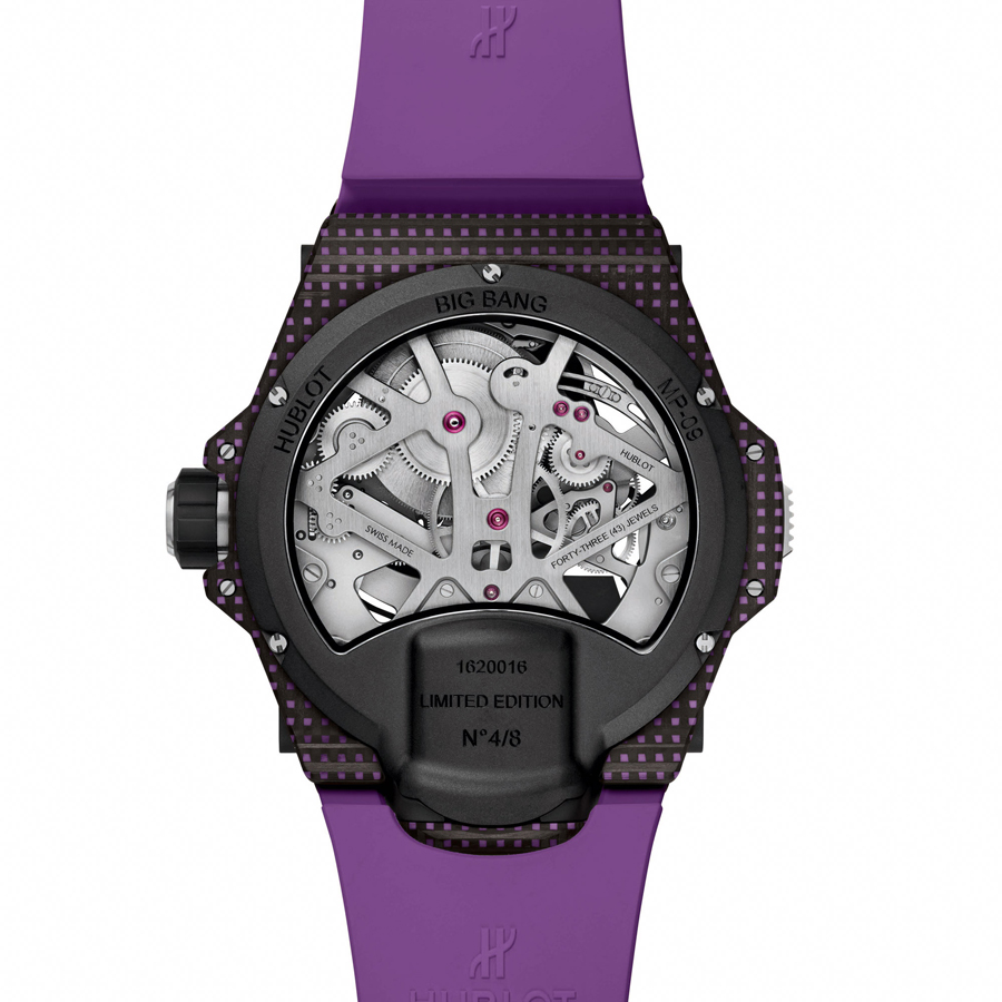 Jam Tangan Hublot MP-09 Tourbillon Bi-Axis Warna Karbon 3D Putih, Oranye, dan Ungu