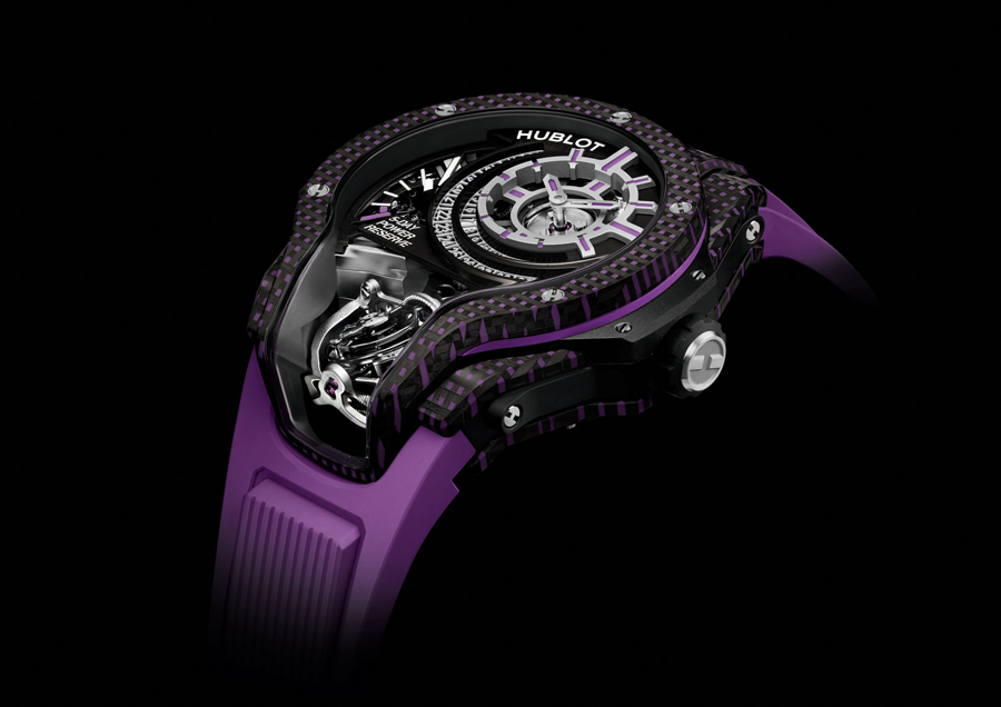 Jam Tangan Hublot MP-09 Tourbillon Bi-Axis Warna Karbon 3D Putih, Oranye, dan Ungu