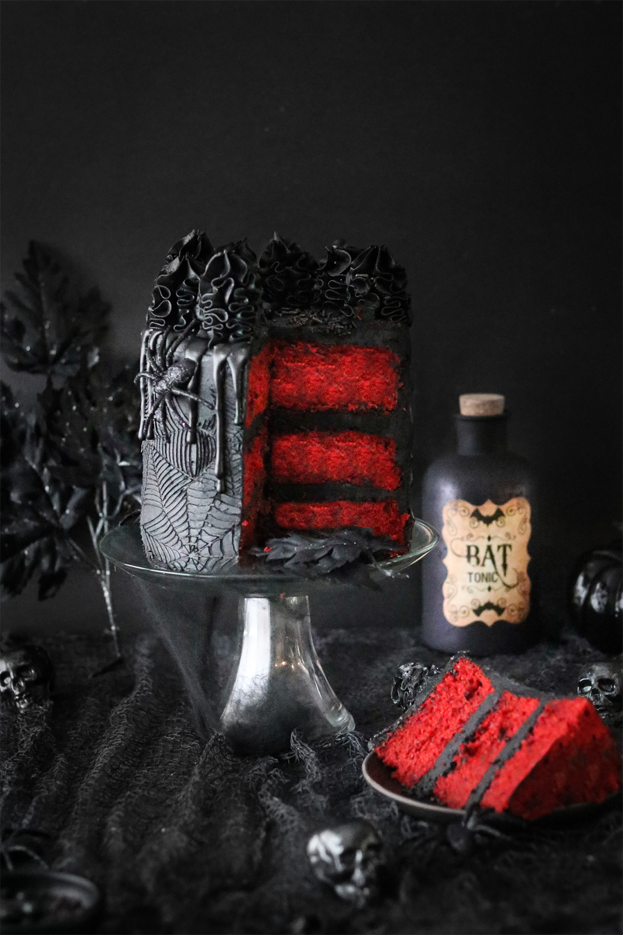 Spooky Black Buttercream Frosted Red Velvet Cake